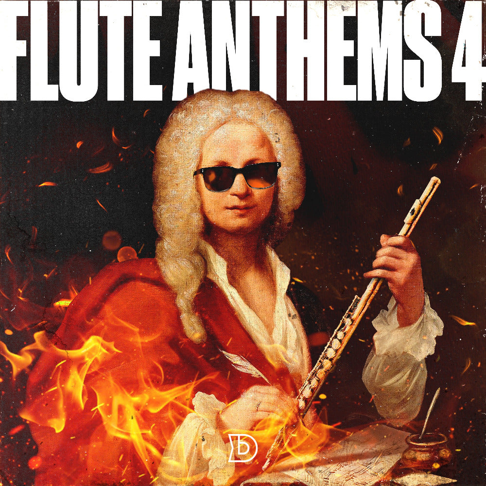 Album cover with a classical musician holding a flute, wearing sunglasses, against a fiery background with 'Flute Anthems 4' text.